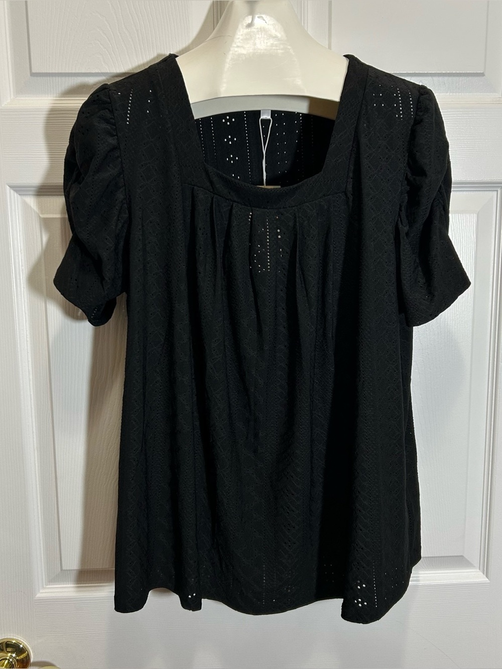 Black Short Sleeve Scoop Neck Tee with Eyelet Detail